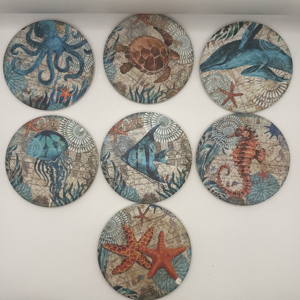 Ocean Life Coasters for Drinks Set of 7 Cork Base Ceramic Coastal Decor - Picture 7 of 9